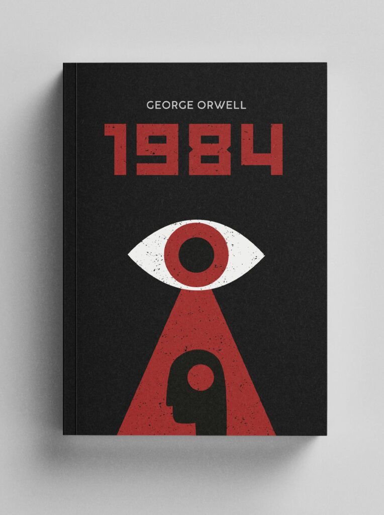 1984 by George Orwell, depicting a close-up image of an eye and eyebrow against a black background. The title and author's name appear in white text at the top of the cover. This cover image evokes the themes of surveillance, government control, and propaganda present in the novel, and suggests the idea of a watchful and oppressive authority figure.