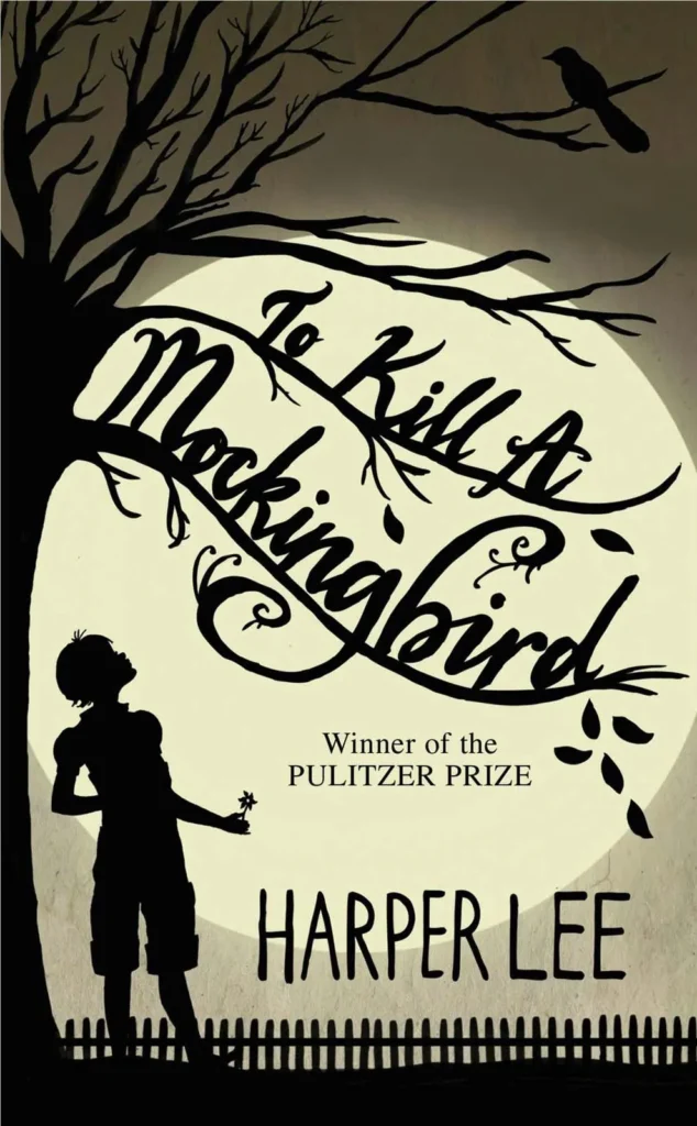 To Kill a Mockingbird by Harper Lee, featuring a tree silhouette against an orange background with visible roots. The somber and introspective image reflects the serious themes of the novel, including social and racial issues.