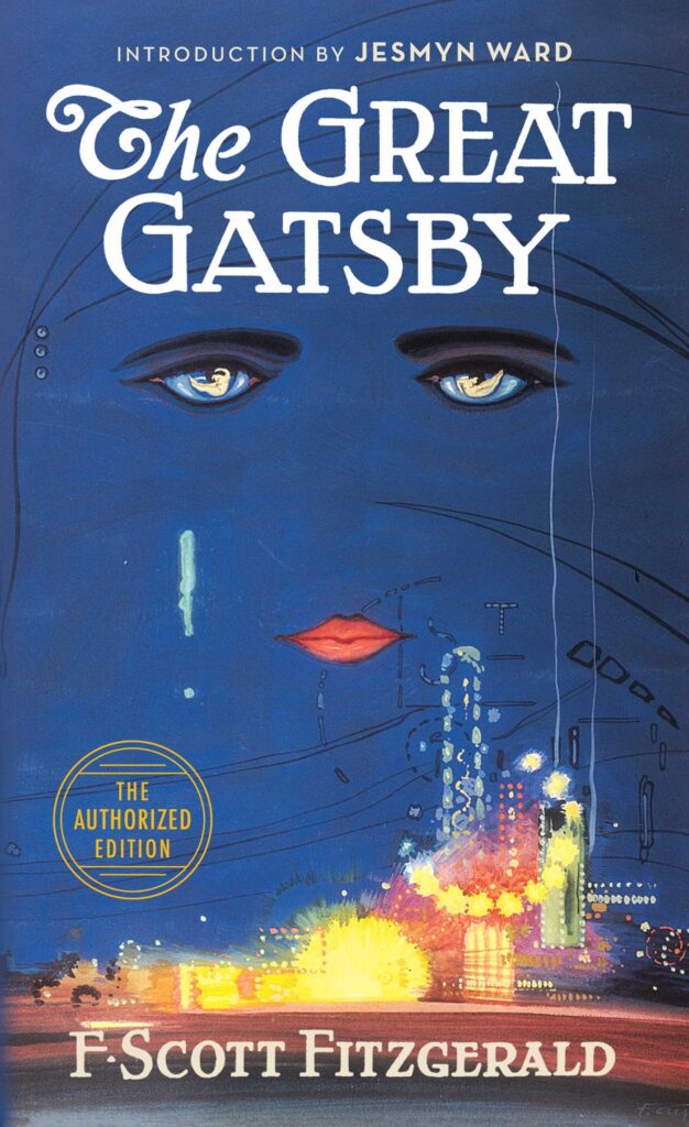 The Great Gatsby by F. Scott Fitzgerald, featuring a disembodied hand holding a glass against a black background with a blue art-deco style border. The elegant and decadent image captures the atmosphere of the roaring twenties, the era in which the novel is set, and hints at the themes of wealth, excess, and disillusionment explored in the book.v